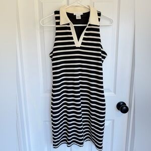 Sleeveless Collared Stripe Knit Dress - Black & White
